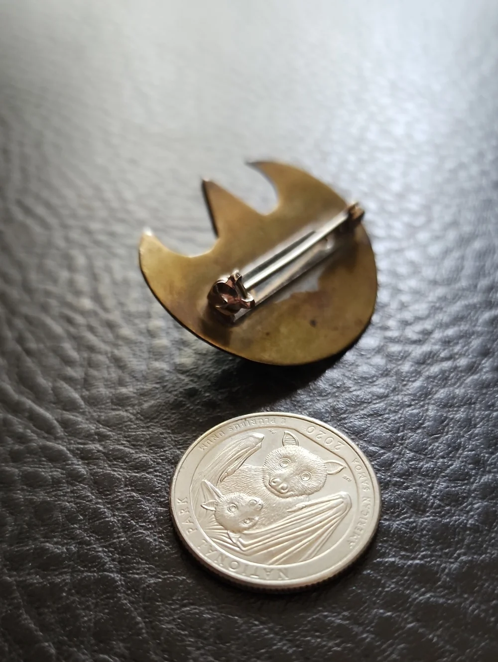 VTG Brass-tone Crescent & Star Brooch with Blue Cabochon
